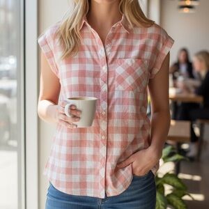 Style & Co Linen Pink Plaid Cap Sleeve Button Front Shirt